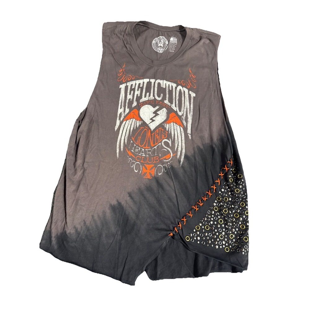 Affliction American Customs Tank Top Studded Wings Heart Gray Asymmetrical XL